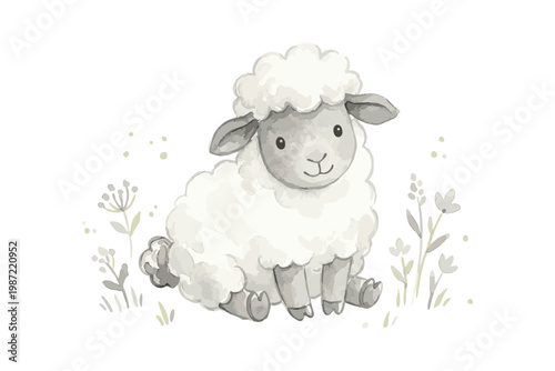 Cute Watercolor Sheep Illustration Sitting in Field.