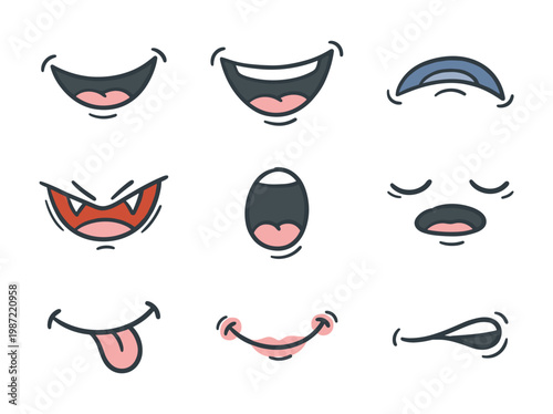 Cartoon mouth expressions set: 9 hand-drawn doodle emoji icons for facial emotions and moods