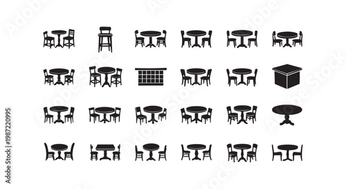 Restaurant furniture icons set featuring various styles of dining tables chairs and stools for interior floor planning.