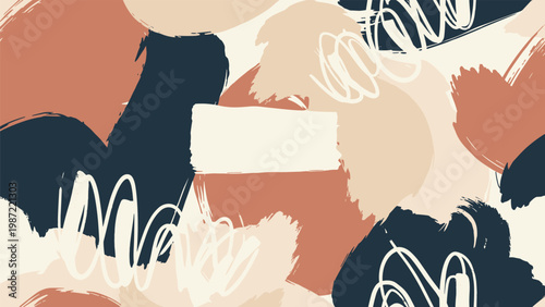 Abstract seamless pattern composed of large, flowing brush strokes and artistic scribbles in a calming palette of earthy pastel tones on a cream background.