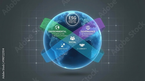 ESG compliance framework shows aspects of environmental, social, and governance factors on a global view
