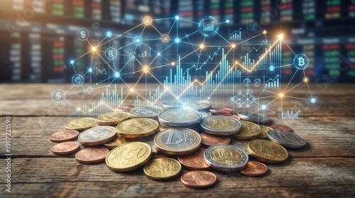 Coins and digital graphs show financial trends in a market setting during daytime