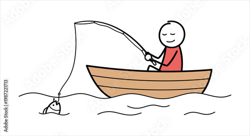 Fishing trip on a lake with a happy person in a boat catching a fish