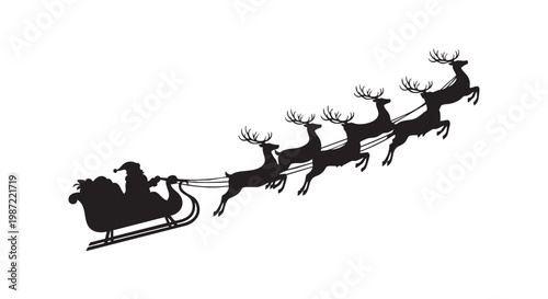 Santa claus sleigh and reindeer silhouette flying through christmas night sky illustration.