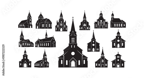 Set of church building silhouettes, various styles, and architectural designs, creating a comprehensive collection of religious structures.