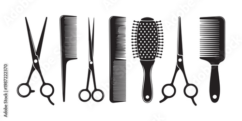 Professional hair salon tools icons including scissors combs and brush for beauty hairdressing barber services.