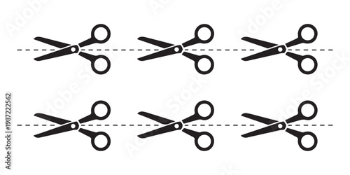 Professional scissor silhouettes with horizontal dashed line guides for precision paper cutting tasks layout.