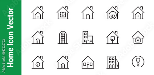 Outline home icon vector set with various building styles and architectural elements for website development.