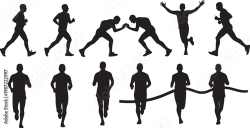 Running athlete silhouettes, black running man icons, jogging people, fitness vector graphics