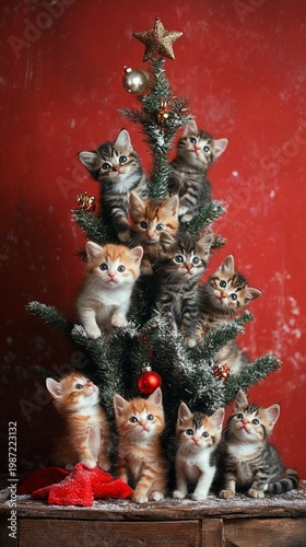 Adorable kittens perched on Christmas tree branches create a festive feline pyramid against a vibrant red background, capturing holiday cheer and cuteness.