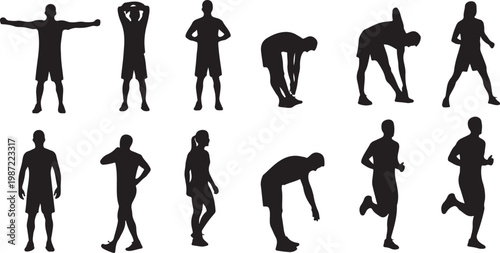 Black silhouette people icons, fitness and exercise poses, human figures, vector graphics