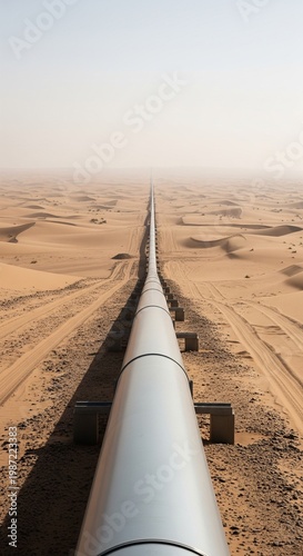 Long Metal Pipeline Vertical Photograph in Sandy Desert Landscape for Energy Infrastructure