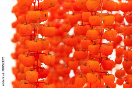 Bright background of orange dried persimmons. Close-up of dried persimmon 'Hong Treo Gio' is a Da Lat specialty, Vietnam. Selective focus on the foreground, blurred background.