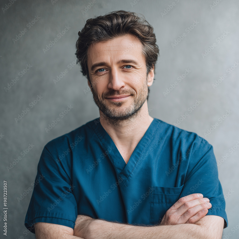 Fototapeta premium Male doctor in blue scrubs portrait with arms crossed