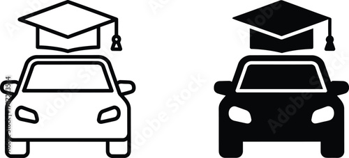 Graduation cap on car roof icon set in outline and solid style