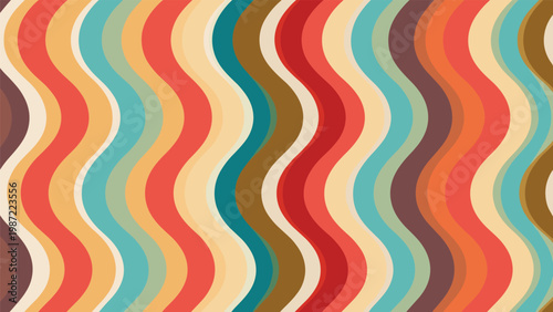 Nostalgic seamless pattern featuring vertical wavy stripes in a vibrant retro color palette, evoking a groovy and vintage aesthetic.