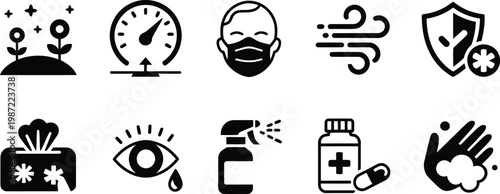 Allergy Protection Silhouette Icon Set, Pollen and Health Safety Symbols Collection for Medical, Healthcare, Prevention, Seasonal Allergy Awareness, and Safety Design