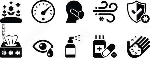 Allergy Protection Silhouette Icon Set, Pollen and Health Safety Symbols Collection for Medical, Healthcare, Prevention, Seasonal Allergy Awareness, and Safety Design