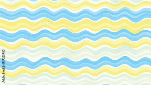 Cheerful seamless pattern composed of horizontal wavy stripes in a refreshing palette of yellow, blue, and light green, evoking a calm and summery mood.