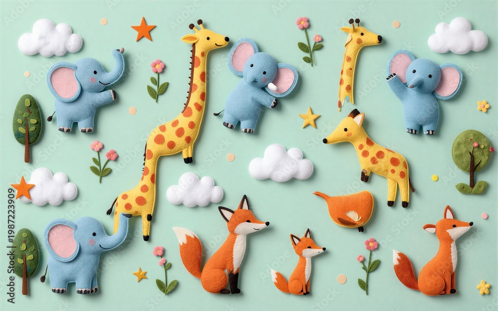 Fototapeta premium Cute felt animals and flowers on a soft green background with clouds.