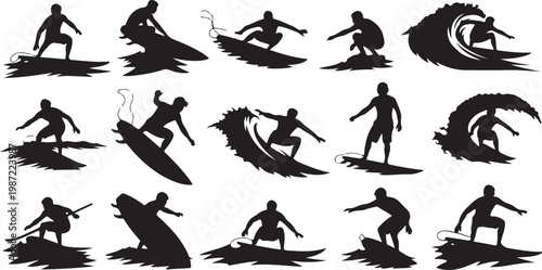 Surfing silhouettes, black surf icons, vector surfers, action sports graphics