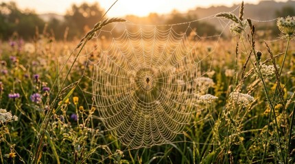 A spider's web glistens in a serene field of wildflowers at sunrise