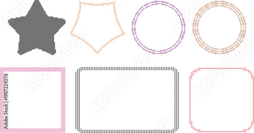 Set of cross stitch frames in various shapes including star circle square and rectangle with decorative stitch border designs