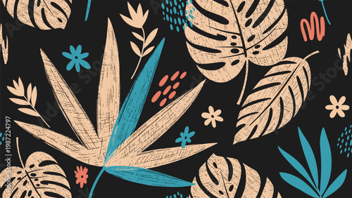 Vibrant seamless pattern featuring a lush assortment of tropical leaves and abstract elements in a soothing pastel color palette on a sophisticated black background.