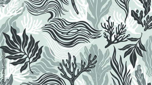 Serene seamless pattern showcasing a graceful array of stylized underwater plants, seaweed, and coral forms in muted, calming colors for a tranquil aquatic theme.