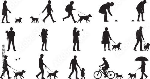 Dog Walking, Pet Owners, Silhouette Icons, Black and White Vector Graphics