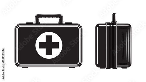 Monochrome Vector Illustration of a Classic First Aid Kit with White Cross Symbol, Displayed in Front and Side Views, Representing Emergency Medical Supplies and Healthcare.