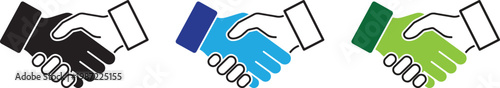 Business handshake vector icon in black, blue, and green, flat design agreement illustration.