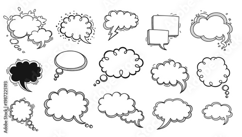 Expansive set of various hand-drawn speech and thought bubbles, presented in a playful doodle style with varied textures, perfect for conveying dialogue and ideas.