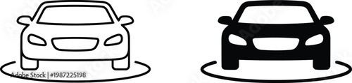 Front view car vehicle icon set in outline and solid black style