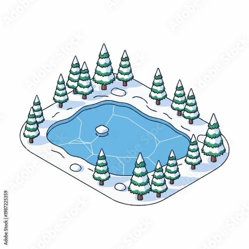 Frozen pond surrounded by snow and trees.