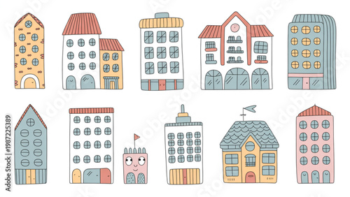 Cute Building Doodle Set Hand Drawn City House Vector Collection