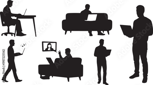 Black silhouettes, people working, office workers, laptop users, business professionals, vector icons
