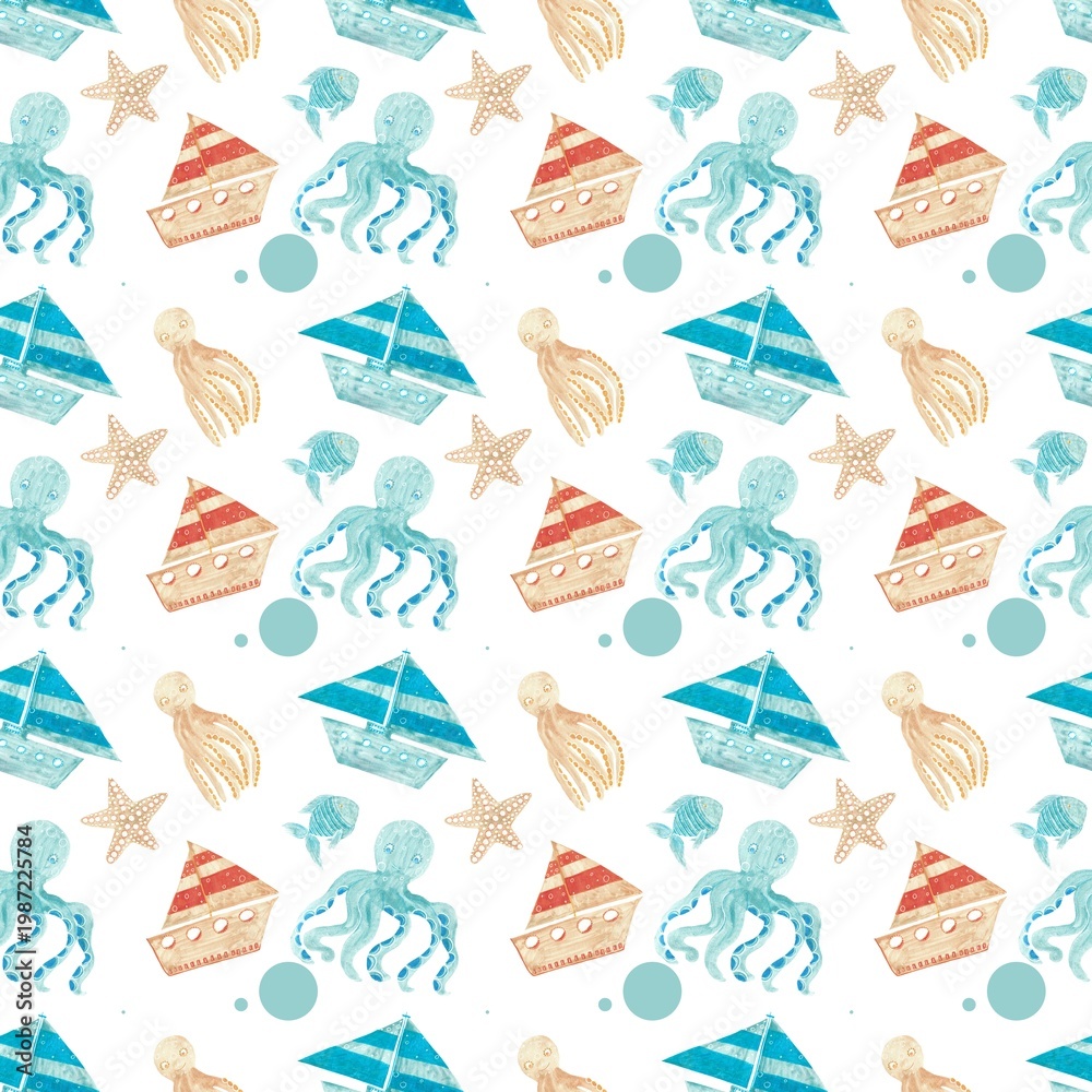 Obraz premium Seamless watercolor pattern for kids with small sailboats and seasrars and octopus on white background, hand-painted nautical nursery texture for textile.