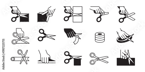 Scissors cutting various materials like paper fabric tape ribbon and wire by hand icons.
