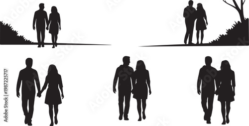 Black couple silhouettes, walking pairs, romantic gestures, love icons, vector illustrations