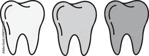 Set of three clean teeth vector icons in white, light gray, and dark gray for dental care.