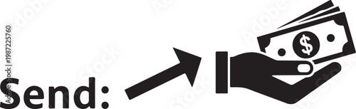 Send money icon with hand holding cash and arrow pointing to payment transaction concept.