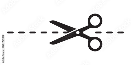 Scissors cutting paper along dashed line vector icon symbol isolated on transparent background for graphics.