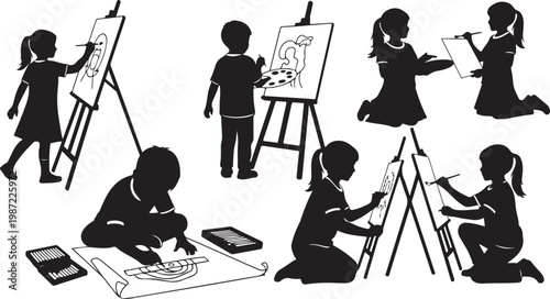Black silhouette children painting, kids creating art, artistic kids vector icons, school art class