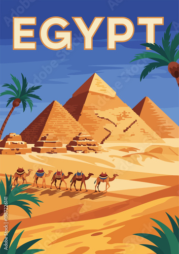 Foto Ancient Egypt Travel Vintage Poster Vector Illustration, Handmade Style with Pal