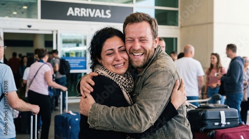 Reuniting couple embraces with joyful tears at airport arrivals, emotional hug between adult man and woman after travel, luggage and passengers in background