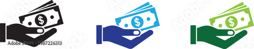 Hand holding money vector icon in three color variations flat style concept illustration.