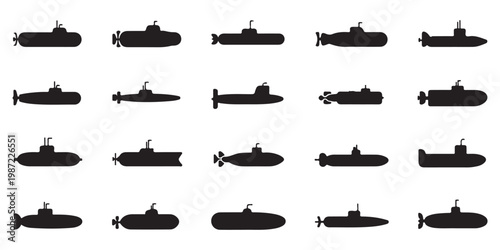 Collection of Submarine Silhouette Icons in Black and White