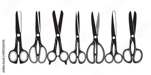Set of eight black professional scissors for hair cutting, vector illustration on transparent background for design.