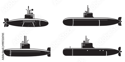 Set of Four Black Submarine Silhouettes Isolated on White